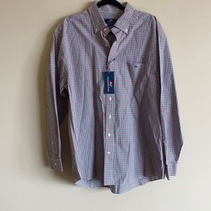 Green and red plaid button down shirt